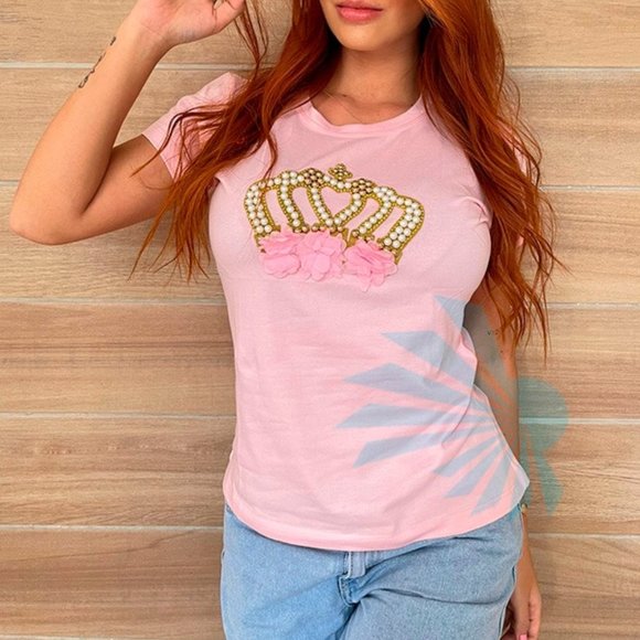QUEEN Crown Rhinestone/Pearls HANDMADE, Ladies Tee, Bling T-Shirt, PINK - Picture 1 of 5